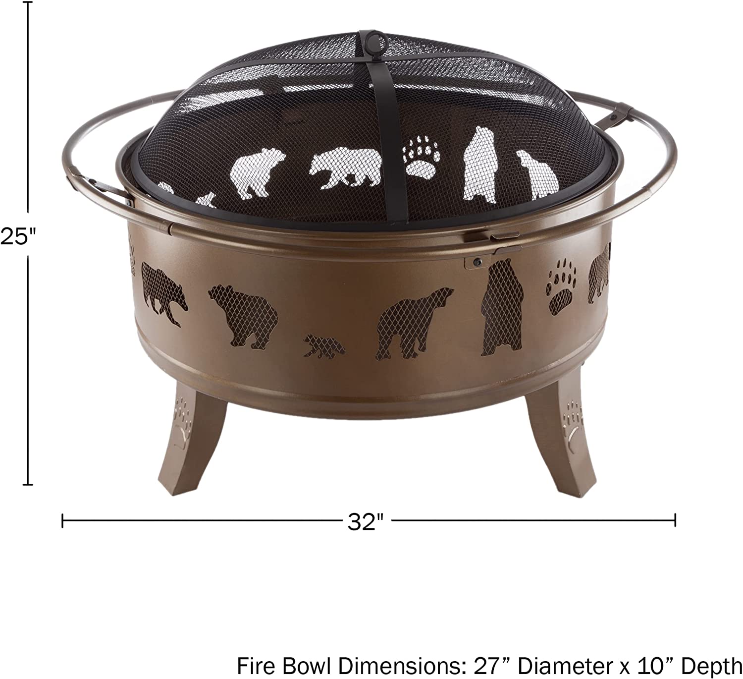 Nature Spring 50-LG1202 32” Outdoor Deep Fire Pit-Round Large Steel Bowl with Bear Cutouts， Mesh Spark Screen， Log Poker and Storage Cover-Patio Wood Burning， Antique Gold
