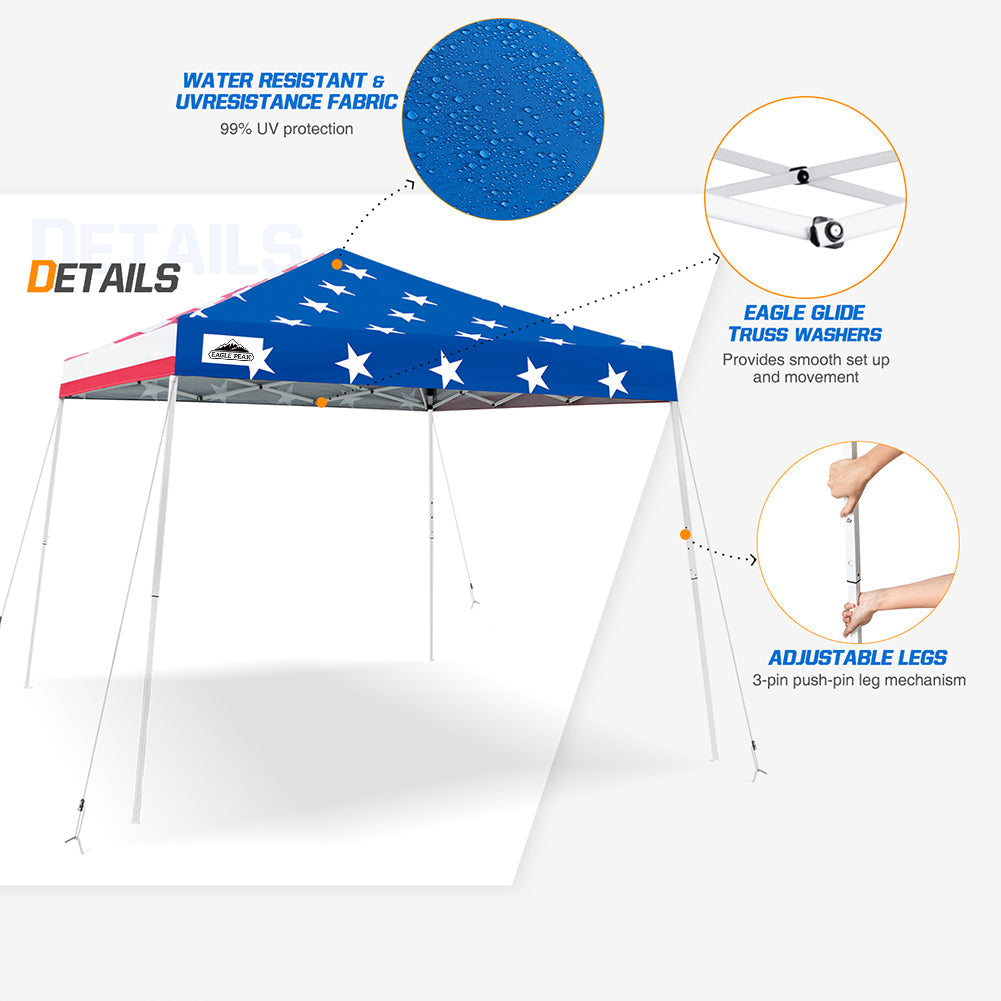 EAGLE PEAK 10' x 10' Slant Leg Pop-up Canopy Tent Easy One Person Setup Instant Outdoor Canopy Folding Shelter with 64 Square Feet of Shade (American Flag)