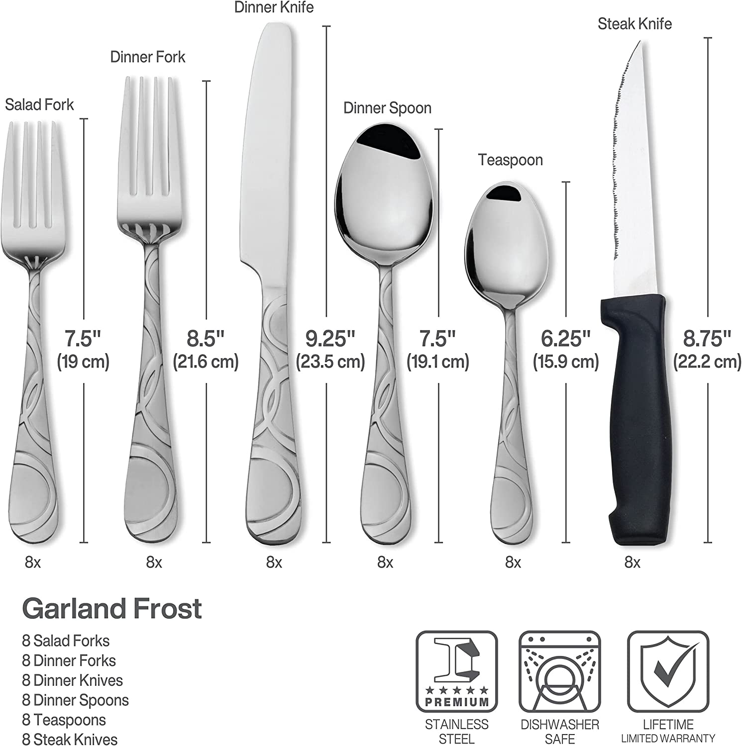Pfaltzgraff Garland Frost 53-Piece Stainless Steel Flatware Serving Utensil Set and Steak Knives， Service for 8