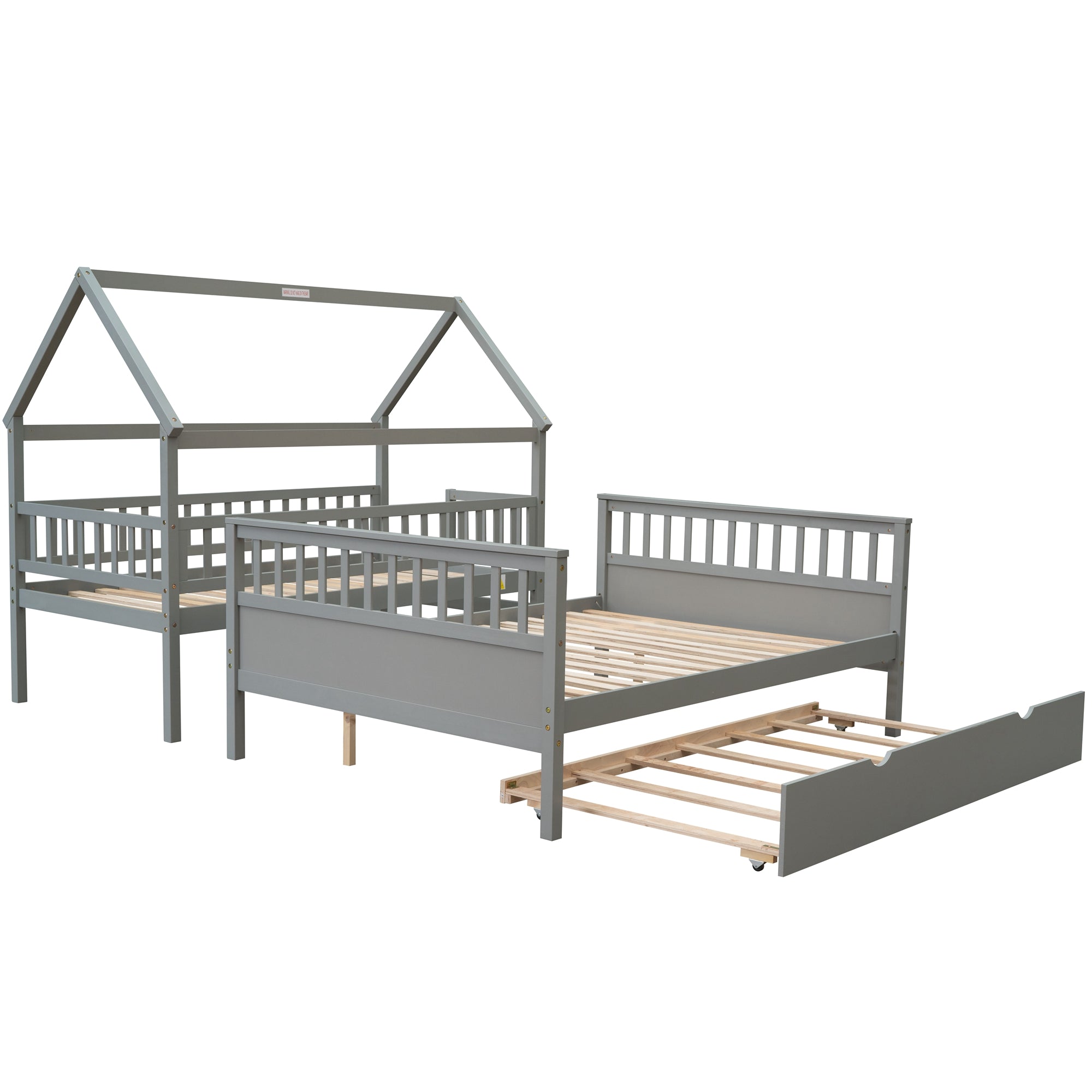 EUROCO Twin over Full House Bunk Bed with Trundle for Kids, Gray