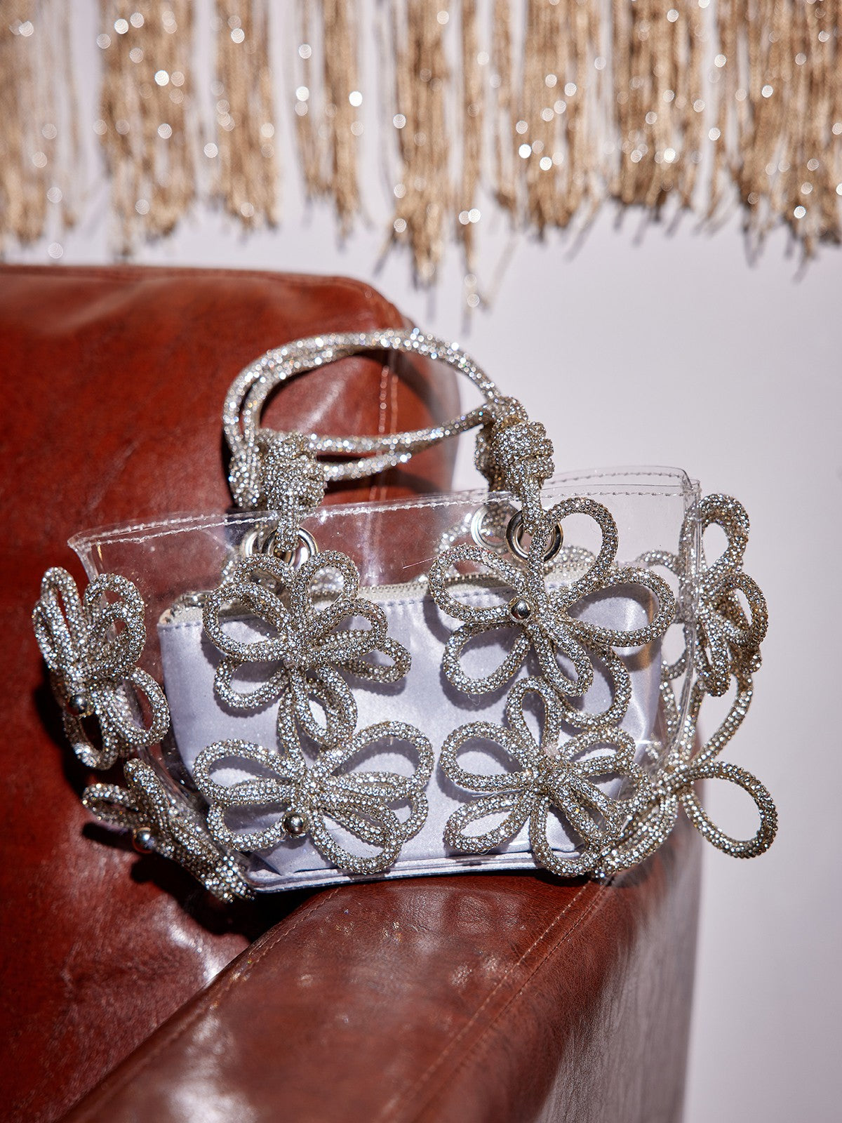 Chrysanthemum Crystal Flower Bag In Silver