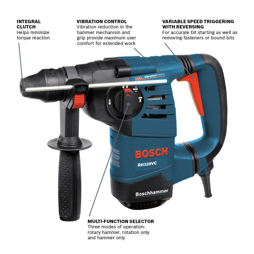 Bosch RH328VC 8 Amp 1-1/8 in. Corded Variable Speed SDS-Plus Concrete/Masonry Rotary Hammer Drill with Depth Gauge and Carrying Case