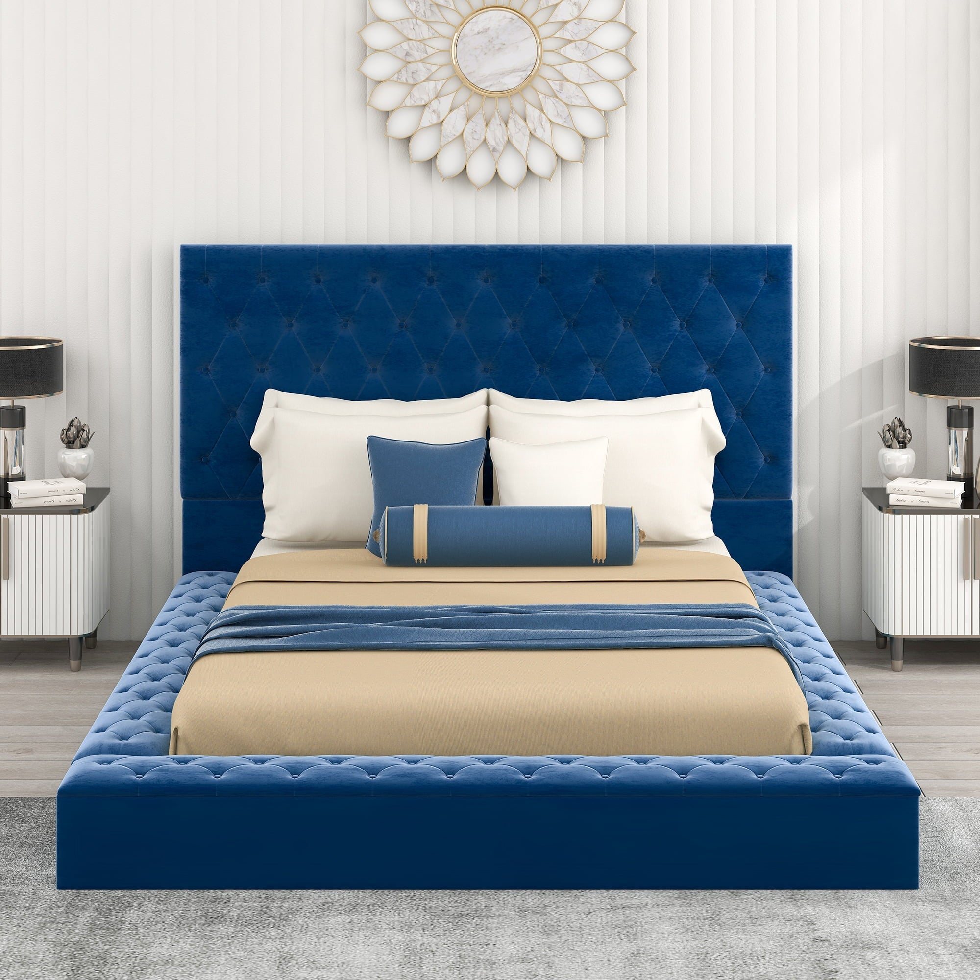 EUROCO Tufted Upholstery Platform Bed with Storage Compartments, Full for Kids Bedroom, Blue