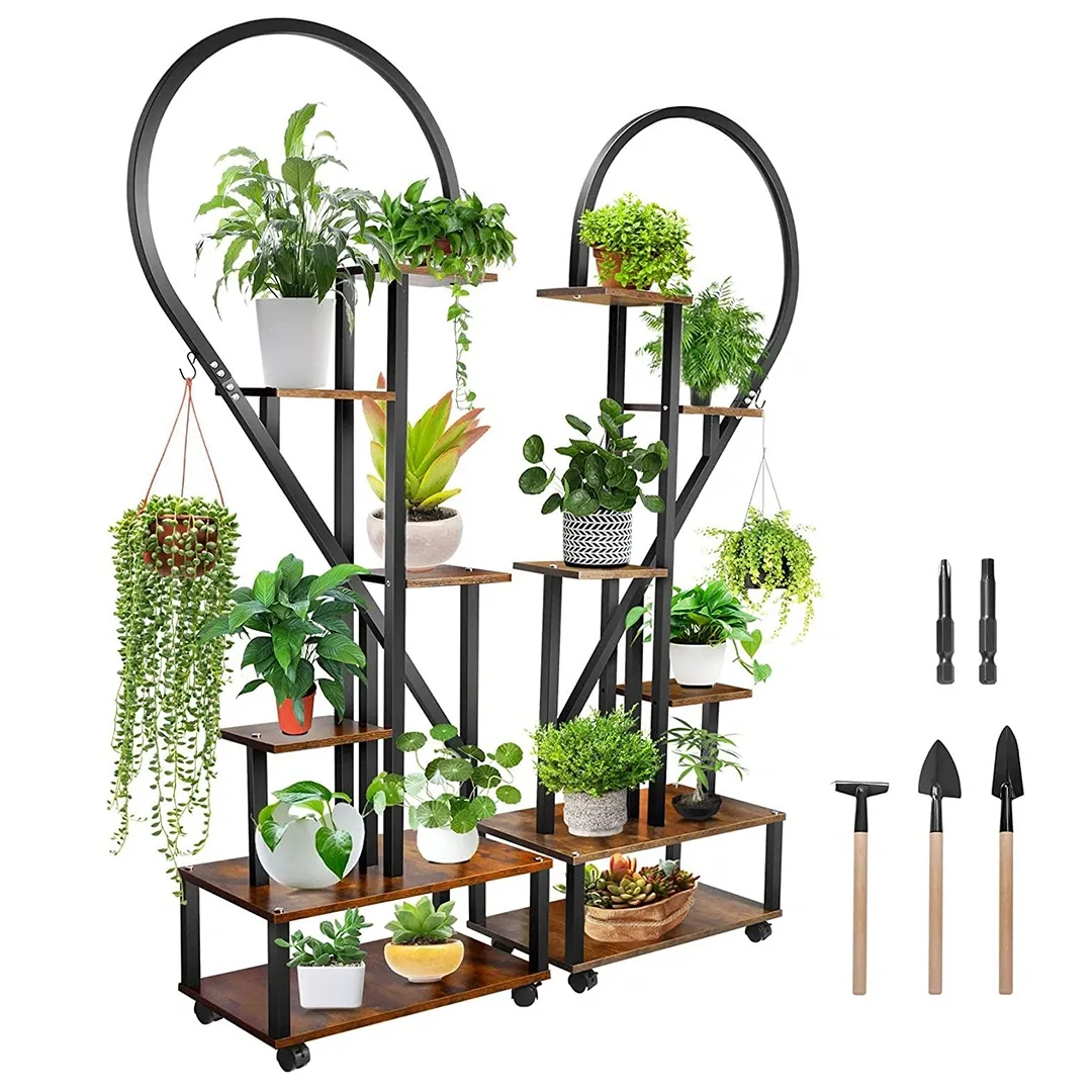 Metal Plant Stand Indoor with Wheels, Creative Heart Shape Plant Shelf Holder, 6 Tier Tall Plant Stand for Indoor Plants Multiple Plant Rack for Home Decor, Balcony, Patio, Garden.Extra Gardening Tools &Screwdriver Drill Bit as gifts