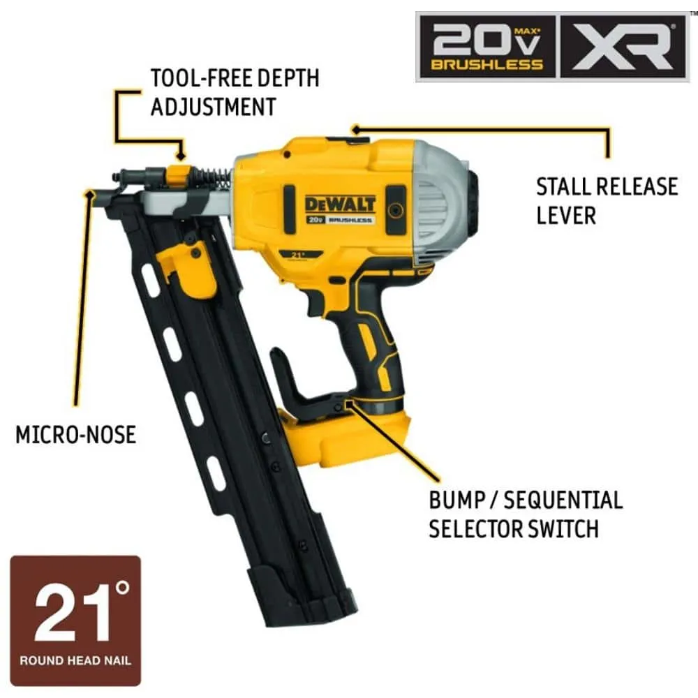 DEWALT 20V MAX XR Lithium-Ion Cordless Brushless 2-Speed 21° Plastic Collated Framing Nailer (Tool Only) DCN21PLB