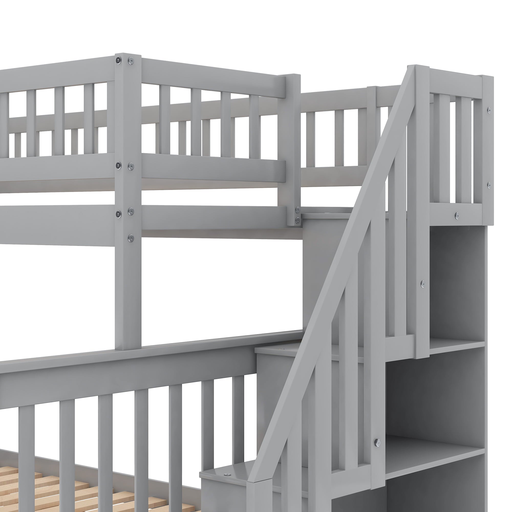 Euroco Twin Over Full Bunk Bed with Stairs and Storage for Kids, Gray