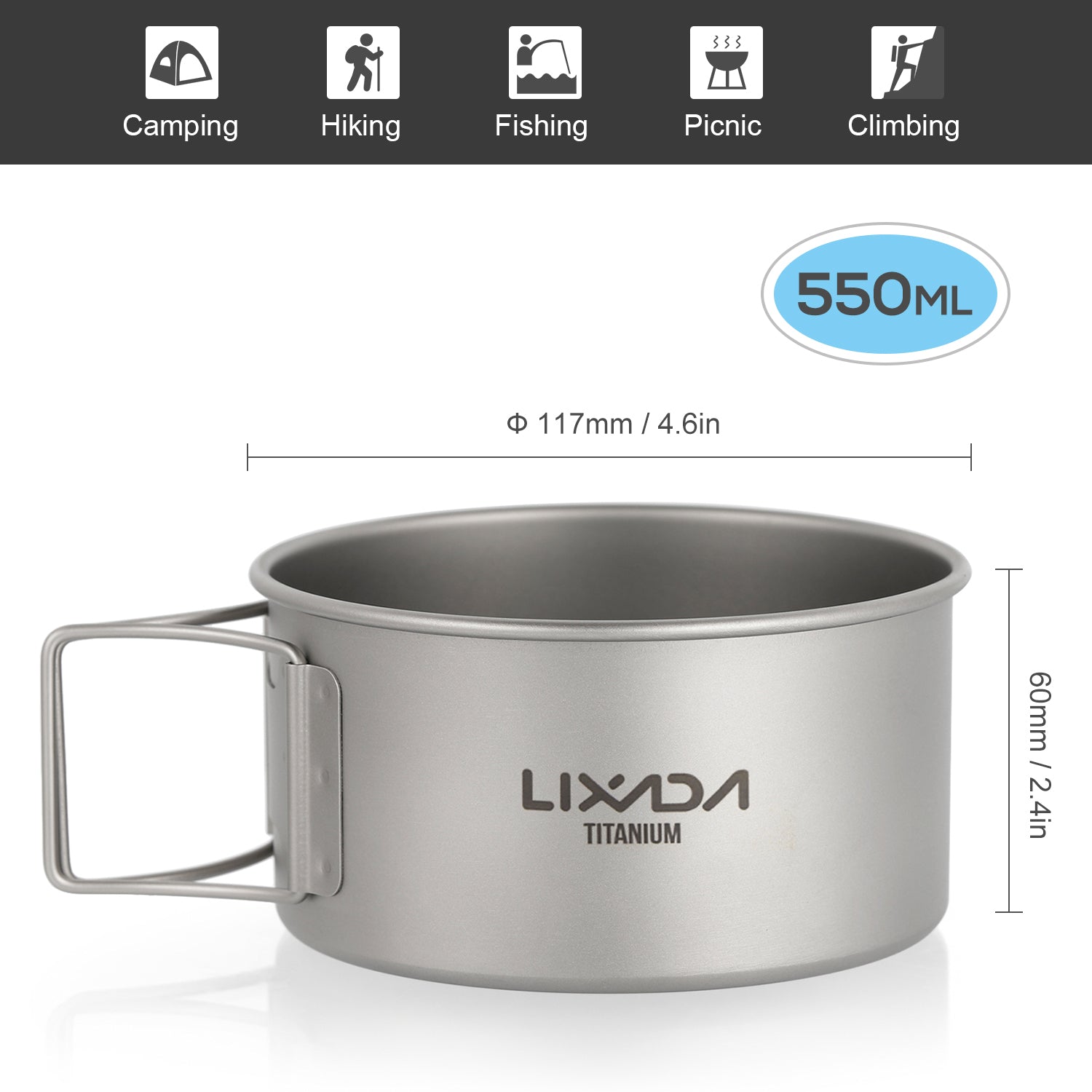 Lixada Titanium Bowl with Folding Handles Dinner Food Container for Outdoor Camping Hiking Backpacking