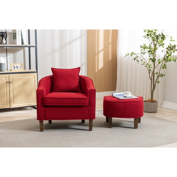 Modern Barrel Chair Mid Century Upholstered Accent Chair Round Arms Chair with Ottoman， Red