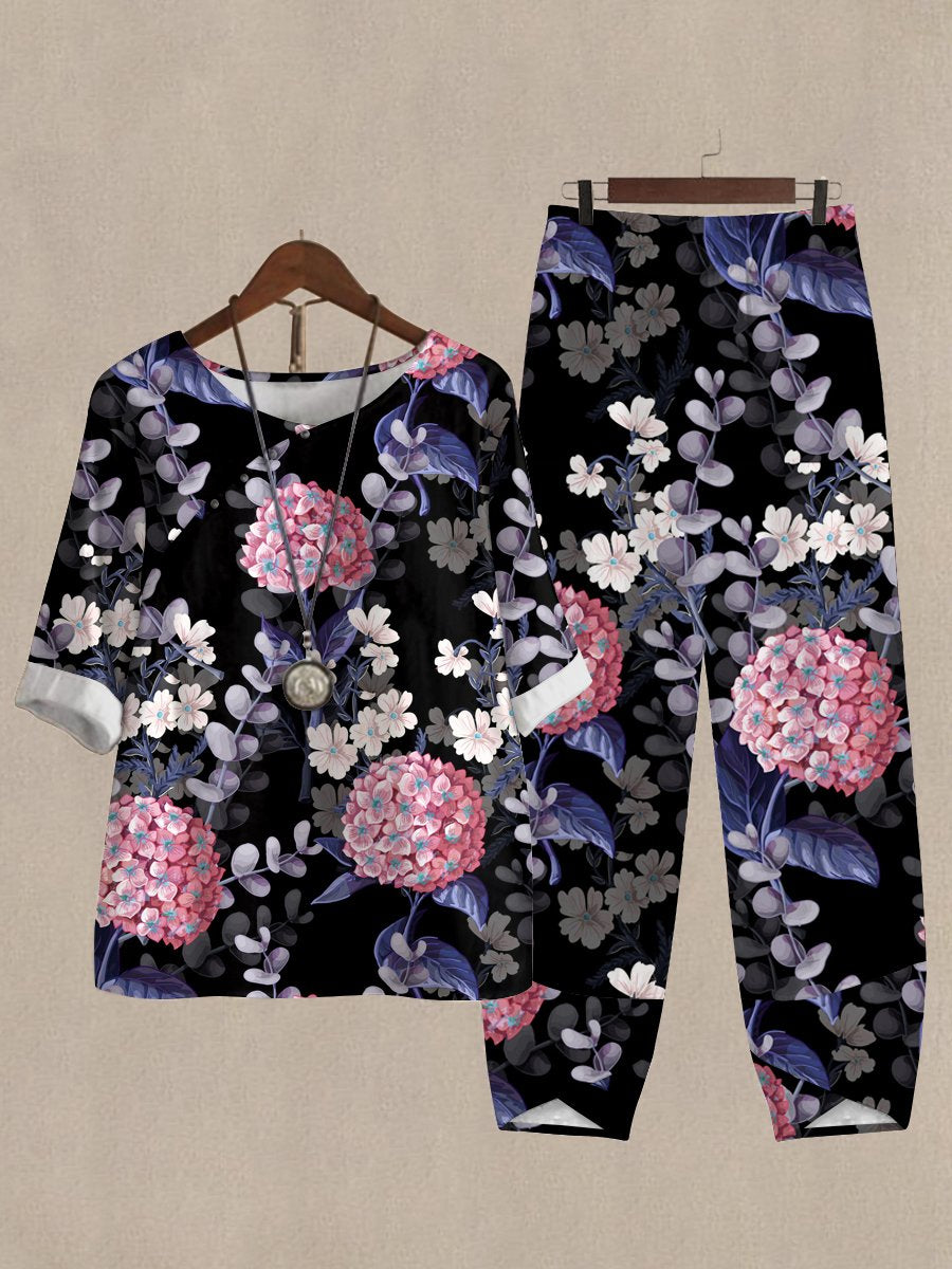 Hydrangea Floral Print Casual Two Piece Suits