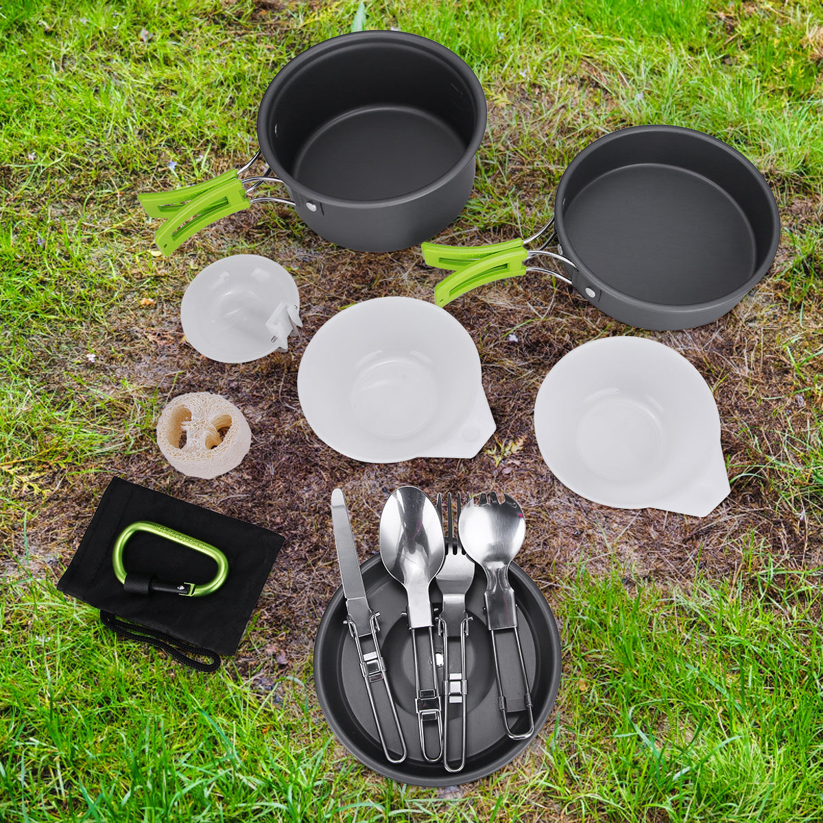 Camping Cookware, 15Pcs Backpacking Gear Hiking Outdoors Non Stick Camping Cookware Set 1-2 People Lightweight Compact Durable Pot Pan Bowls