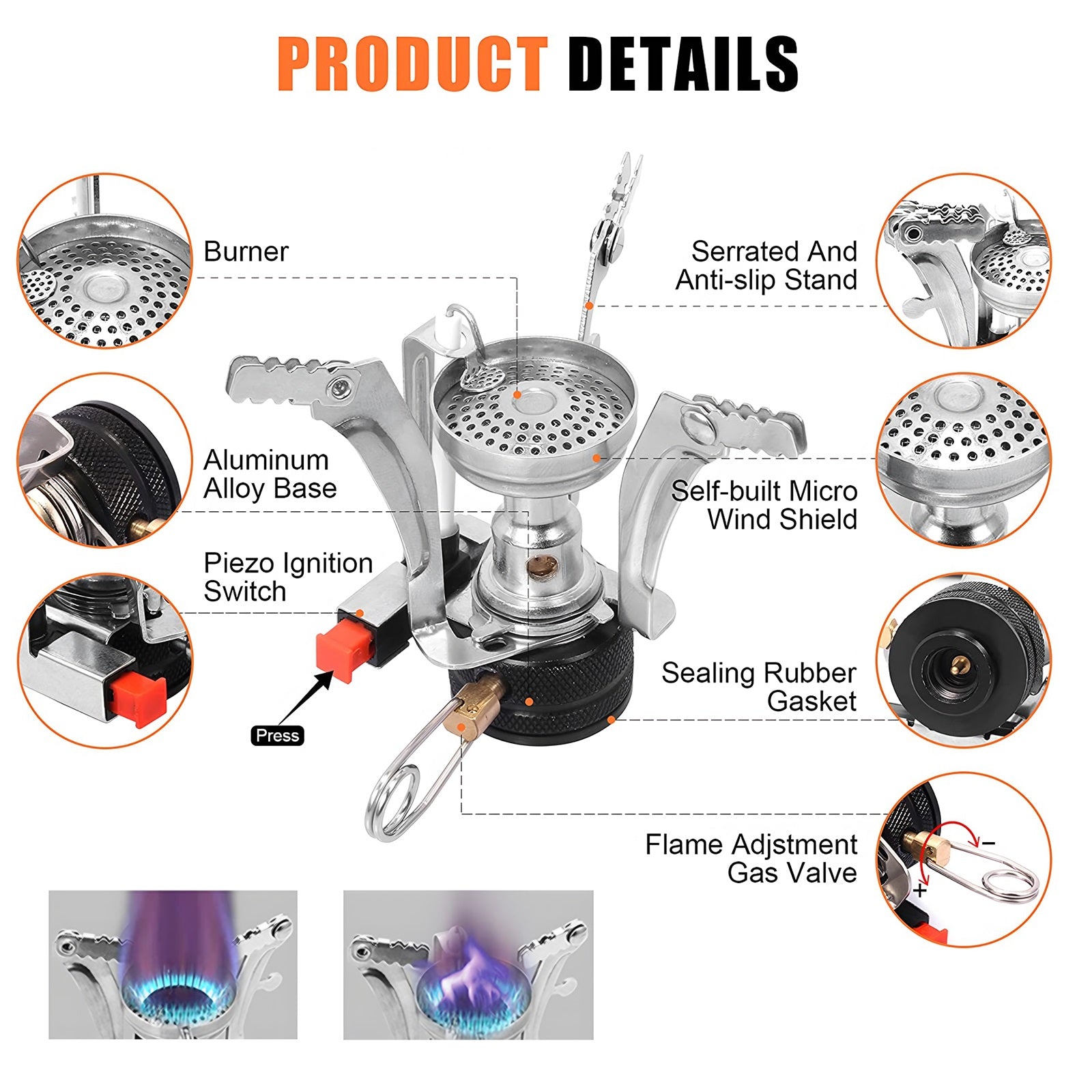 Portable Camping Stove, Lightweight Backpacking Stove, with Piezo Ignition Stable Support Windproof Camp Stove, for Outdoor Hiking, COOSERRY