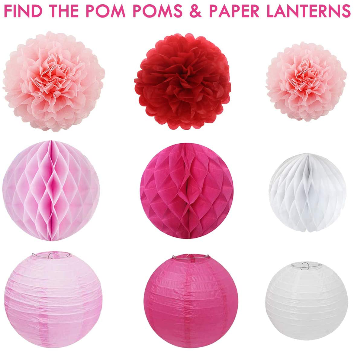 Pink Paper Party Decoration Kit - Tissue Paper Pom Poms Lantern Fans S