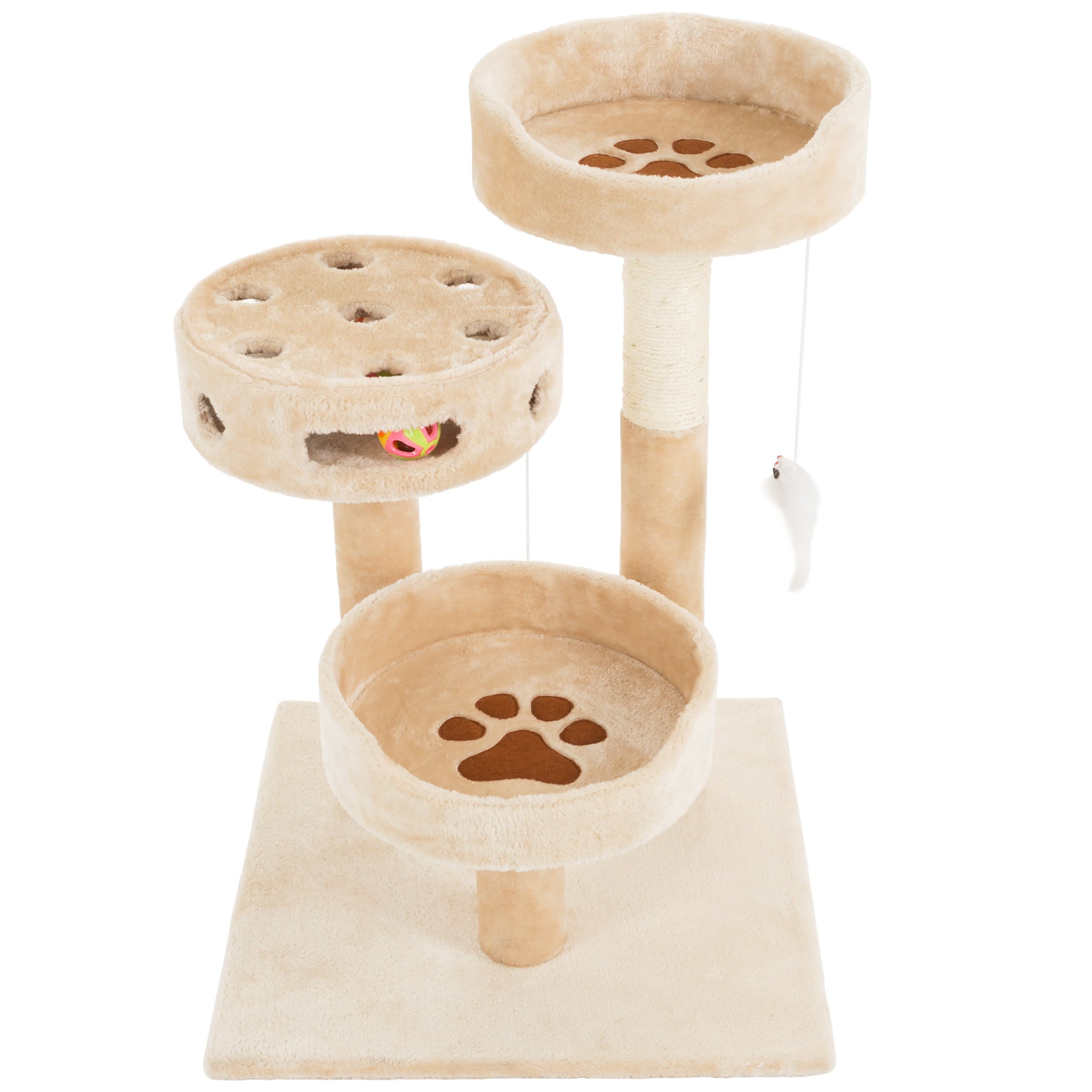 3-Tier Cat Tree - 2 Carpeted Napping Perches， Sisal Rope Scratching Post， Hanging Mouse， and Interactive Cheese Wheel Toy by PETMAKER (Tan)
