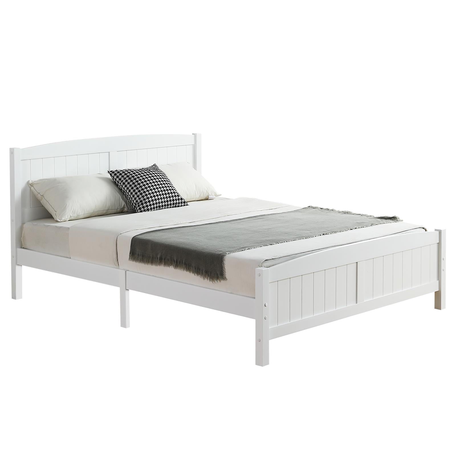 Zimtown Queen Bed Frame,Solid Pine Wood Kids Twin Platform Bed Frame, Bedroom Queen Bed with Headboard for Adults, White