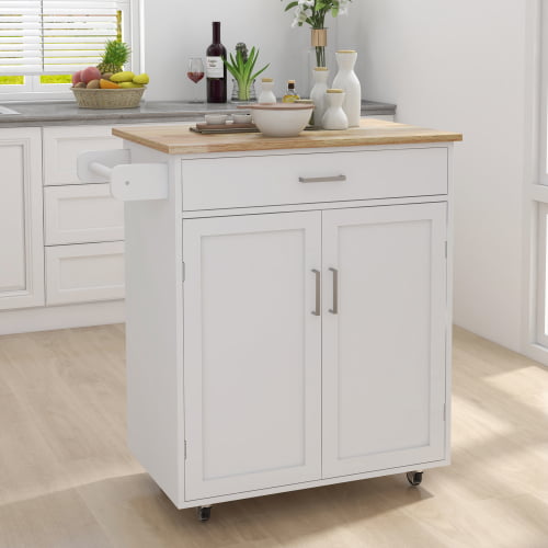 Kitchen Island on Wheels White Rolling Trolley Cart with Rubber Solid Wood Countertop One Drawer and 2 Doors Towel Rack Kitchen Island Cart， 32.68
