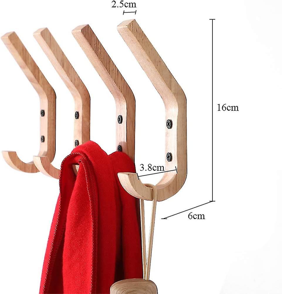 4 Pieces Rubber Wood Wall Hooks Coat Hooks Two-hook Coat Racks， 16 X 6 X 2.5 Cm