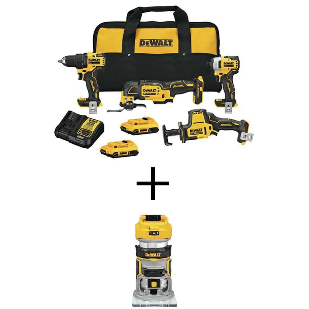 DEWALT ATOMIC 20V MAX Lithium-Ion Cordless Brushless 4 Tool Combo Kit and 20V MAX XR Cordless Brushless Compact Router DCK489D2WCW600B