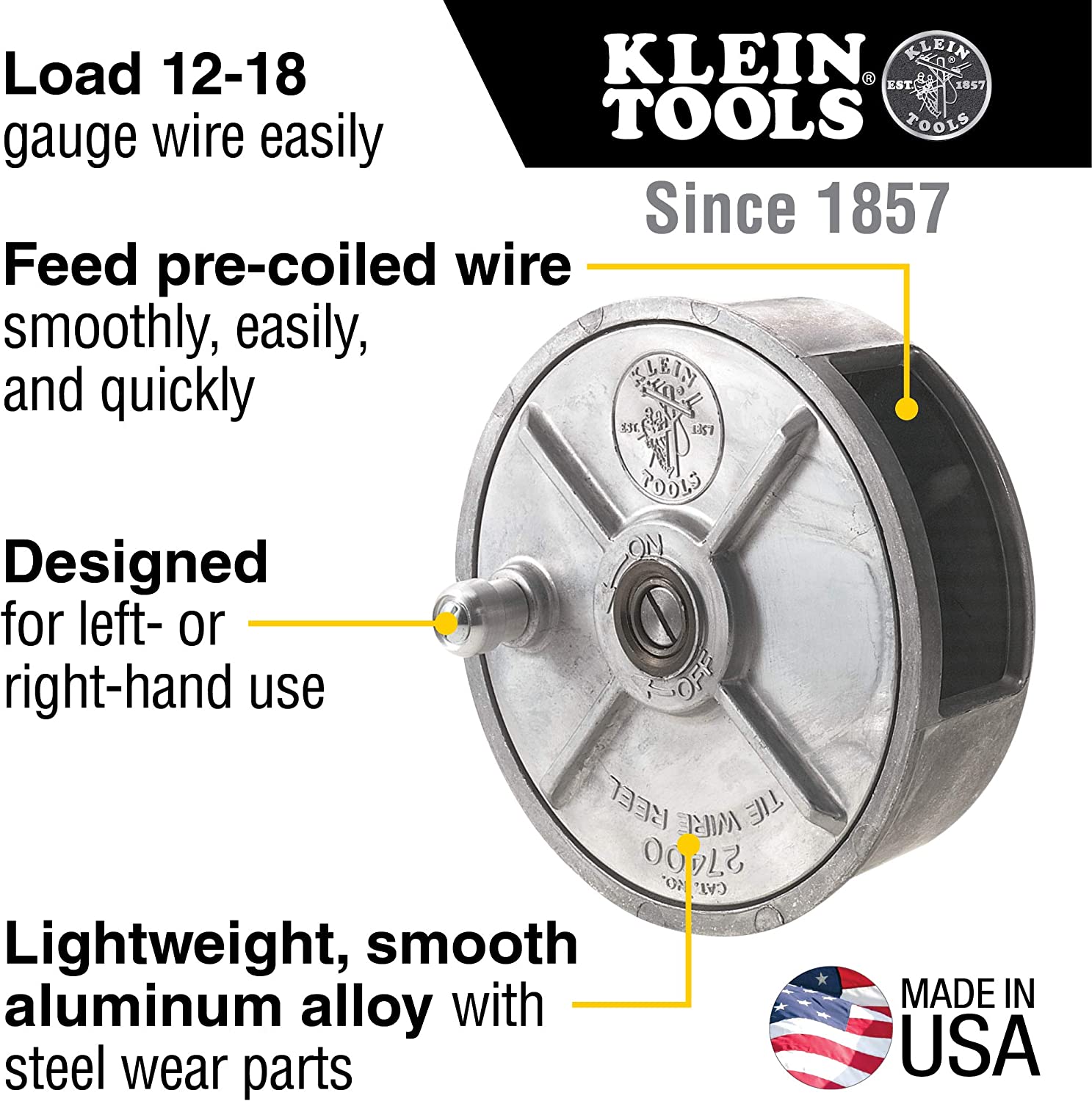 Klein Tools 27400 Tiewire Reel， Lightweight Aluminum， Left Handed and Right Handed with Rewind Knob