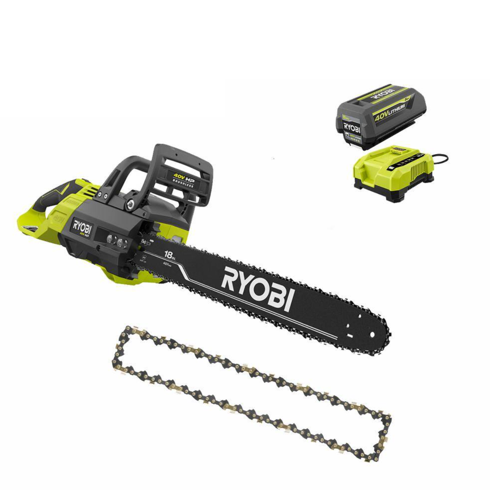 RYOBI RY40580-AC 40V HP Brushless 18 in Battery Chainsaw w/ Extra 18 in. Chain， 5.0 Ah Battery and Charger
