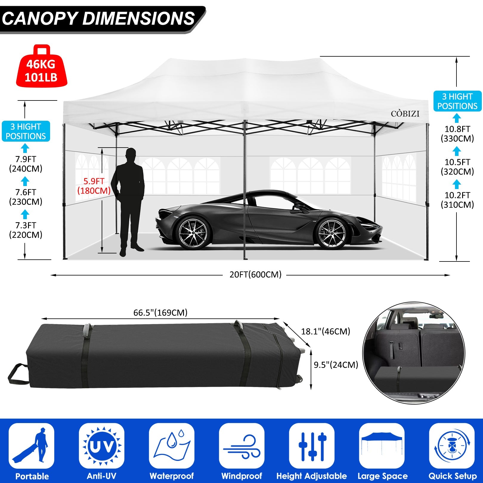 10'x20' Pop Up Canopy Waterproof Folding Tent Outdoor Easy Set-up Instant Tent Heavy Duty Commercial Wedding Party Shelter with 6 Removable Sidewalls, 6 Sandbags, Roller Bag, White