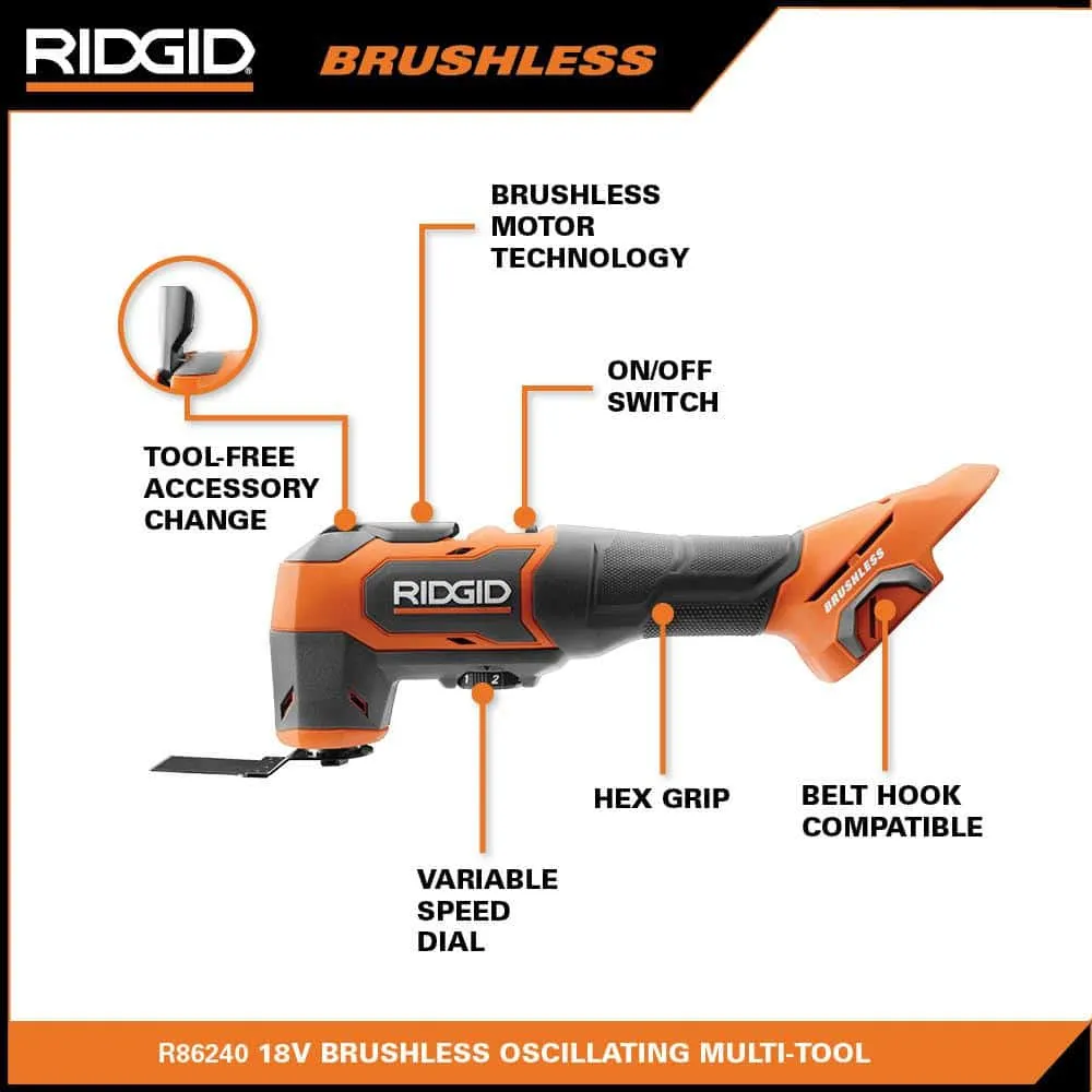 RIDGID 18V Brushless Cordless Oscillating Multi-Tool with (2) 4.0 Ah Batteries, 18V Charger, and Bag R86240B-AC93044SBN
