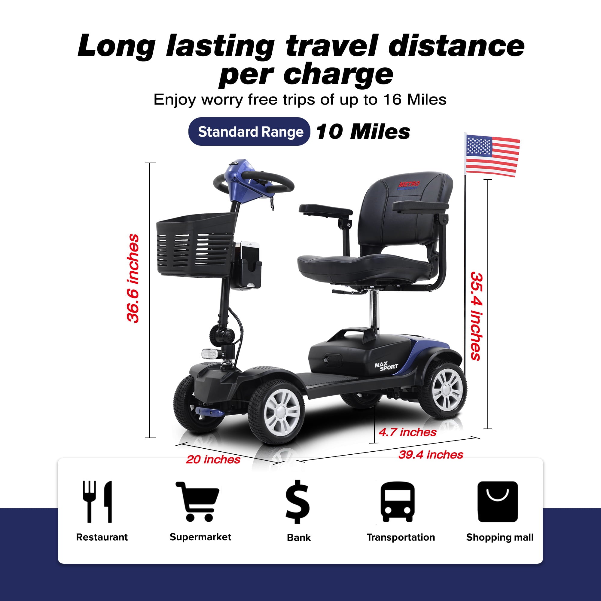 Kowilk  4 Wheel Mobility Scooters- Folding Electric Powered Wheelchair Device for Seniors Adults Elderly, Collapsible and Compact Heavy Duty Mobile for Travel with Basket