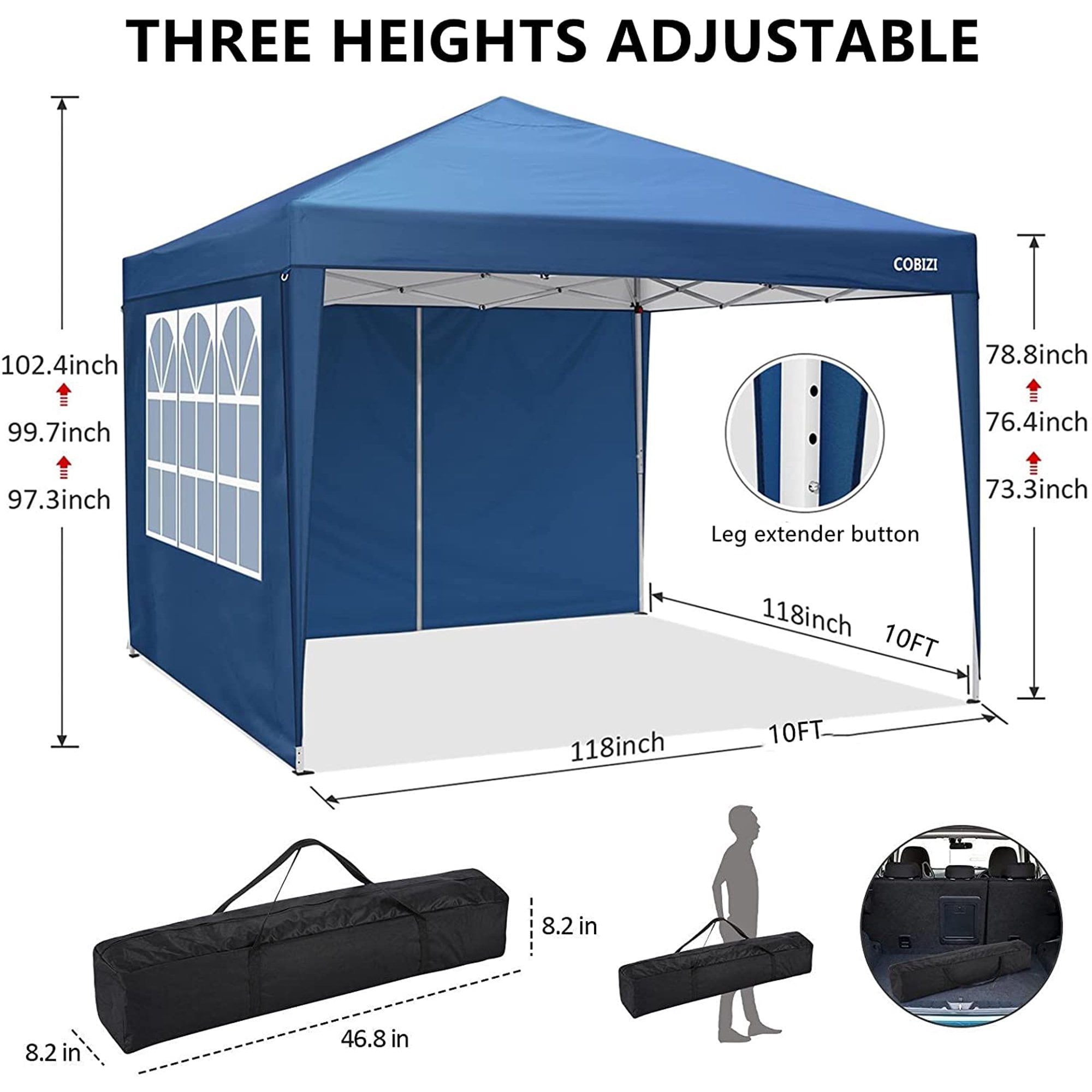 10 x 10ft Pop Up Canopy Tent Instant Outdoor Party Canopy Straight Leg Commercial Gazebo Tent Shelter with 4 Removable Sidewalls and Carrying Bag, Blue