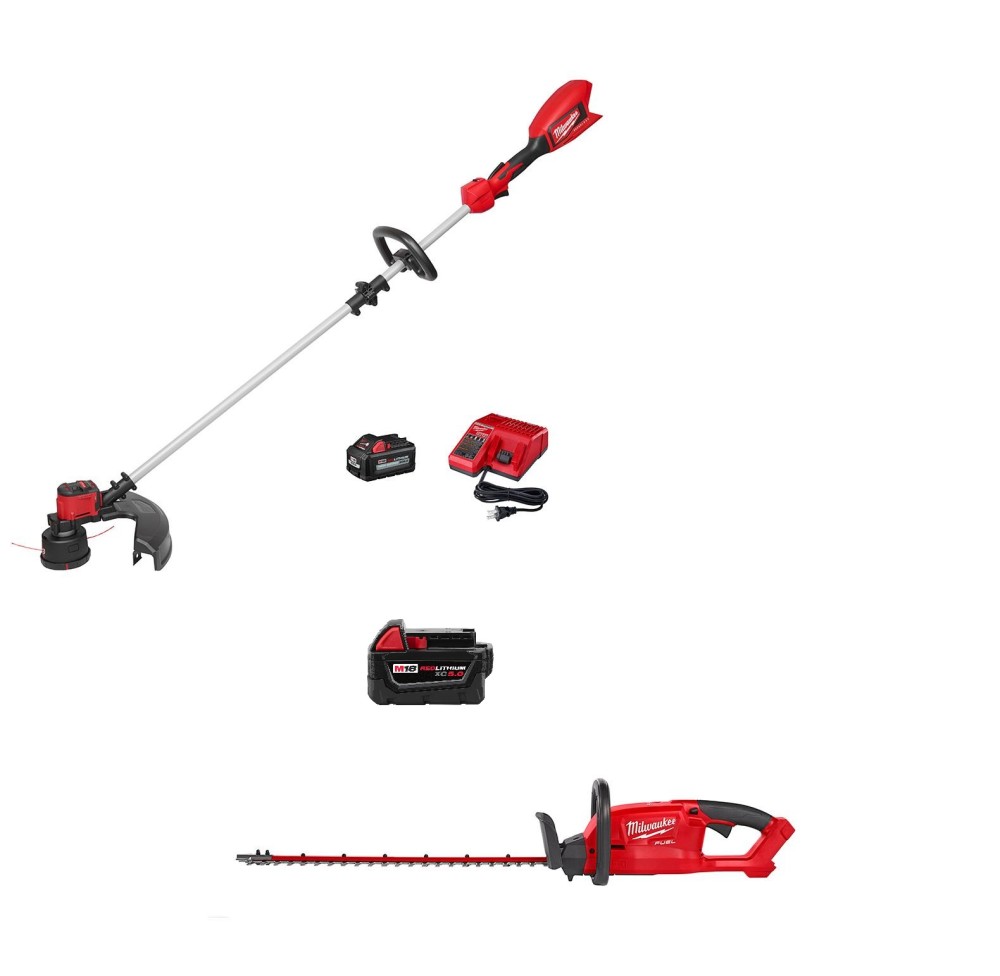 Milwaukee M18 String Trimmer Kit & 24 Hedge Trimmer with XC 5Ah Battery Bundle