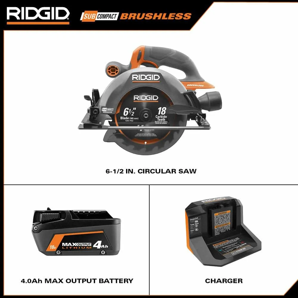 RIDGID 18V Subcompact Brushless 6-1/2 in. Circular Saw Kit with 4.0 Ah Battery and Charger R8656K