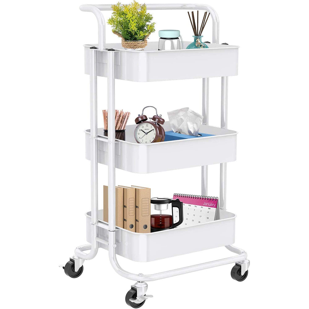 3-Tier Rolling Kitchen Cart， Home Kitchen Storage Utility Cart with Handle， Bathroom Organizer Cart on Wheels， White