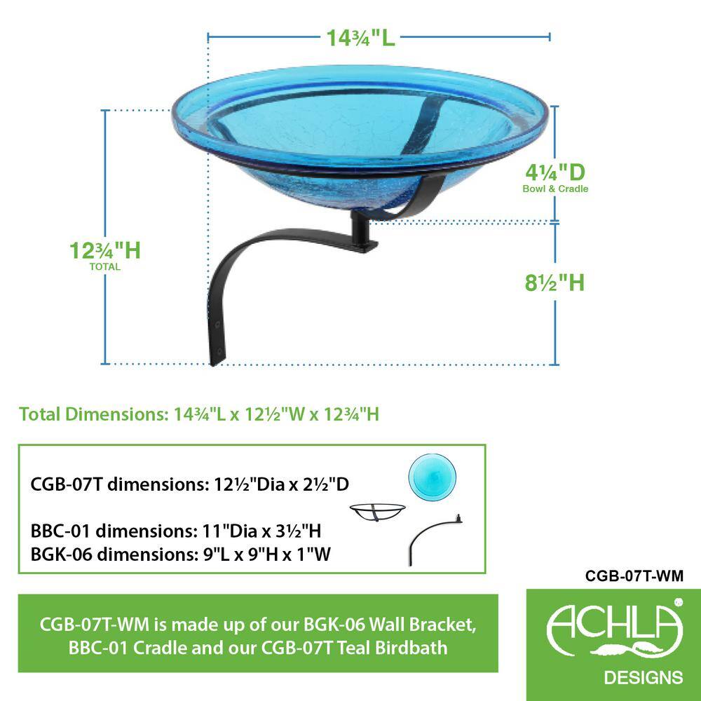 ACHLA DESIGNS 12.5 in. Dia Teal Blue Reflective Crackle Glass Birdbath Bowl with Wall Mount Bracket CGB-07T-WM
