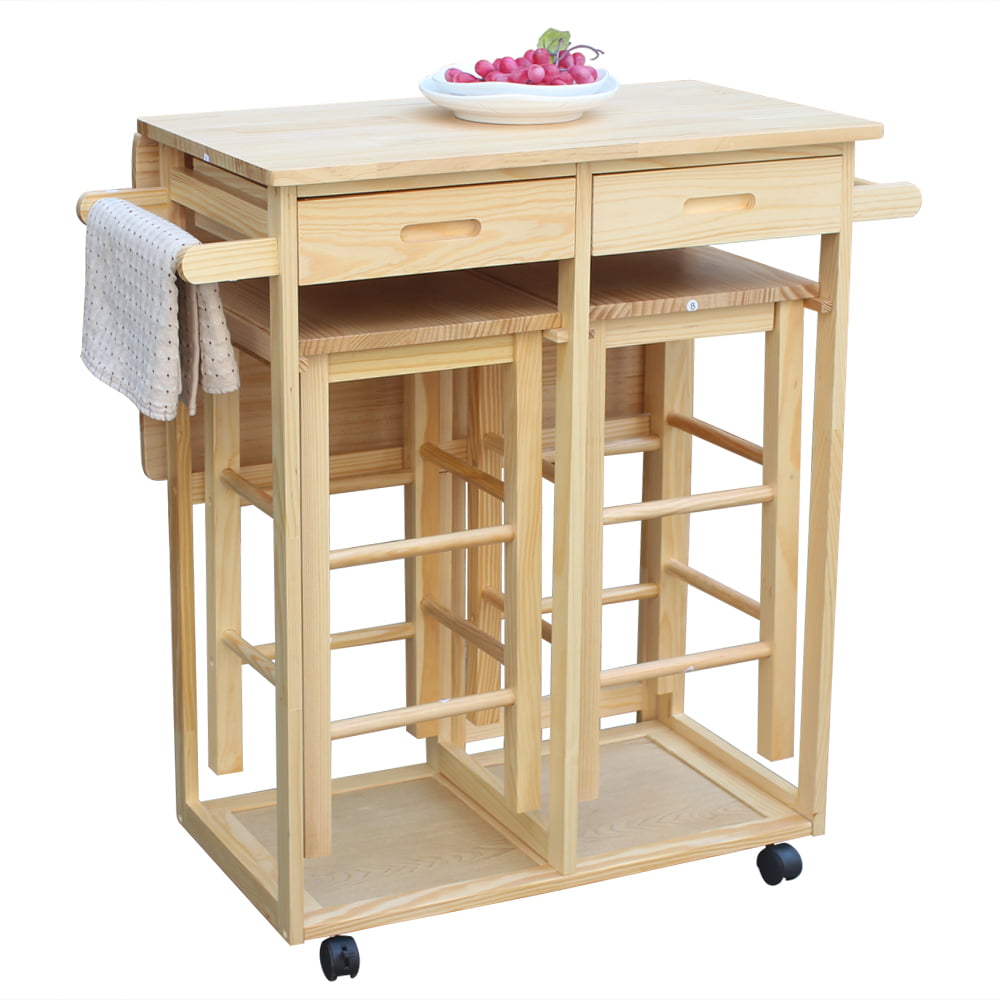Zimtown Kitchen Trolley Cart Island Rolling Storage Dinning Table Stools Set Wood Color