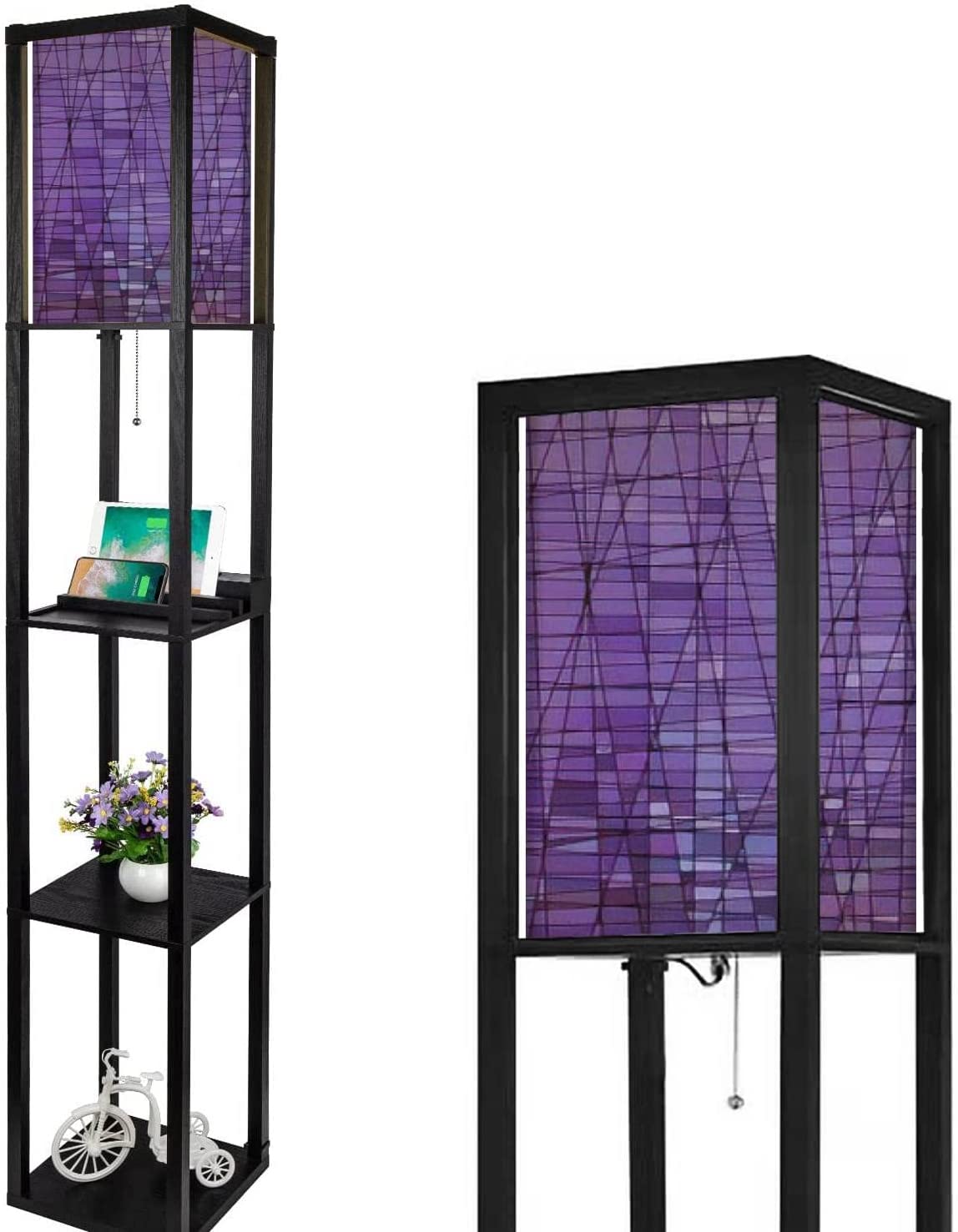 SHADY Abstract Stained Glass Mosaic  Violet Floor Lamp with Shelves USB Ports &amp; Power Outlet Linen Fabric Shade Corner Standing Lamp for Living Room