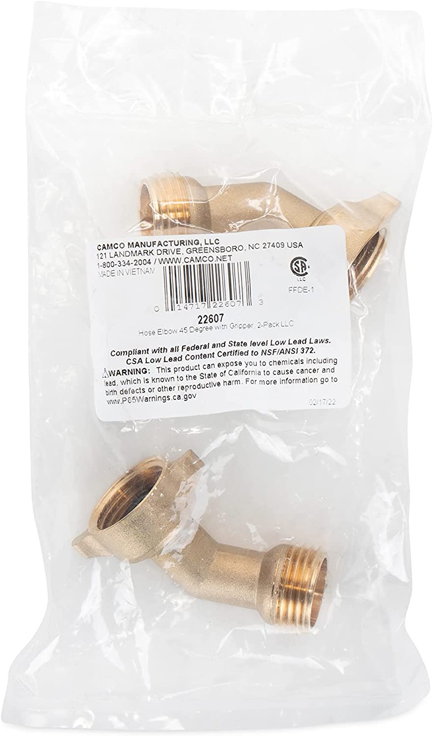 Camco 45 Degree Hose Elbow， Eliminates Stress and Strain On RV Water Intake Hose Fittings， 2-Pack (22607)