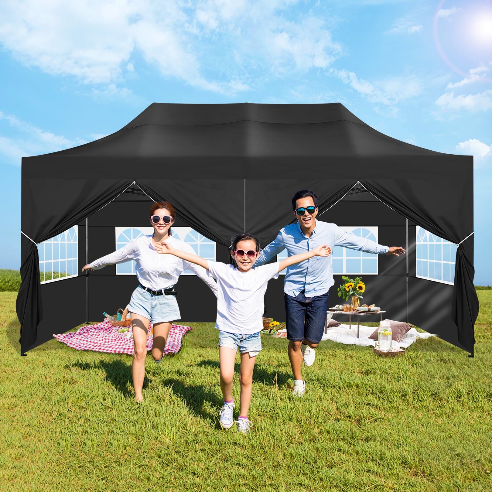 10'x20' Canopy EZ Pop Up Canopy Anti-UV Waterproof Outdoor Tent Portable Party Commercial Instant Canopy Shelter Height Adjustable Tent Gazebo with 6 Removable Sidewalls, 6 Sandbags, Roller Bag, Black
