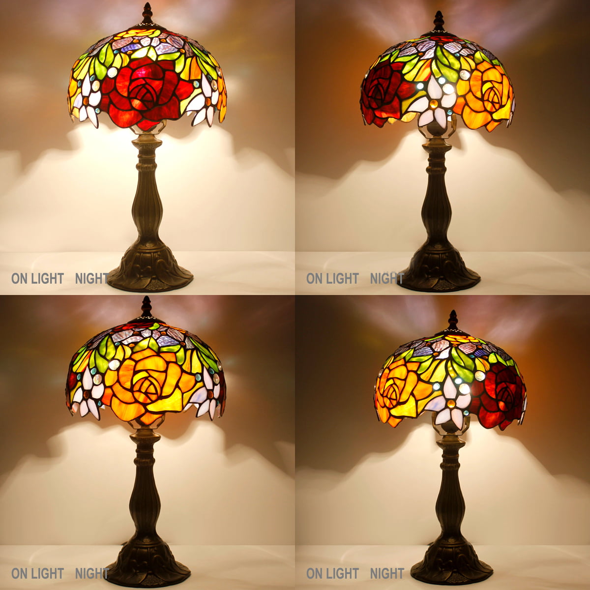  Style Table Lamp Bedside Stained Glass Lamp Red Rose Desk Reading Light 18" Tall Decorative Living Room Bedroom Vintage Library Banker Traditional Boho Victorian LED Bulb Included