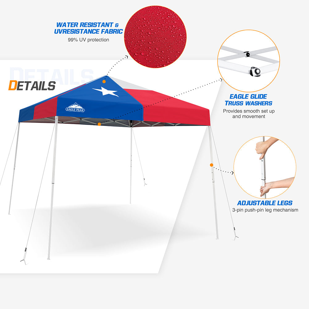 EAGLE PEAK 10' x 10' Slant Leg Pop-up Canopy Tent Easy One Person Setup Instant Outdoor Canopy Folding Shelter with 64 Square Feet of Shade (Texas Flag)