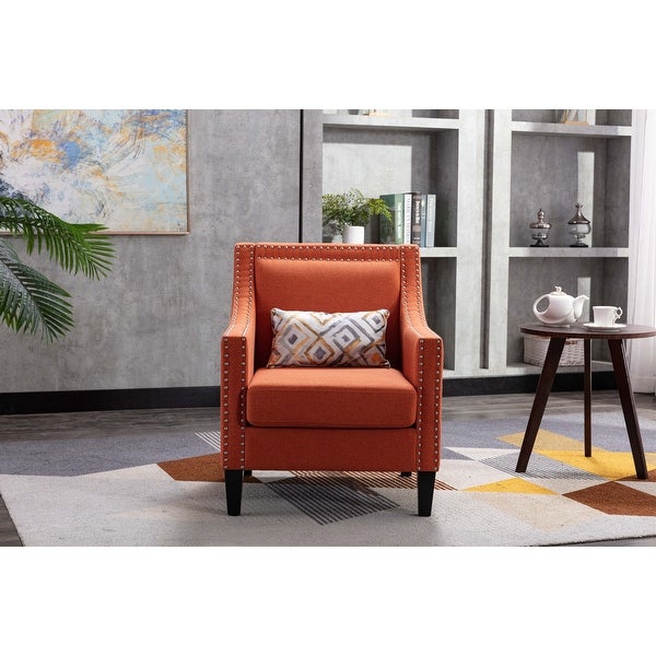 Modern Accent Armchair with Nailheads Trim(from Bottom to Top) and Wood Legs， Barrel Chair with Curved edges， Orange
