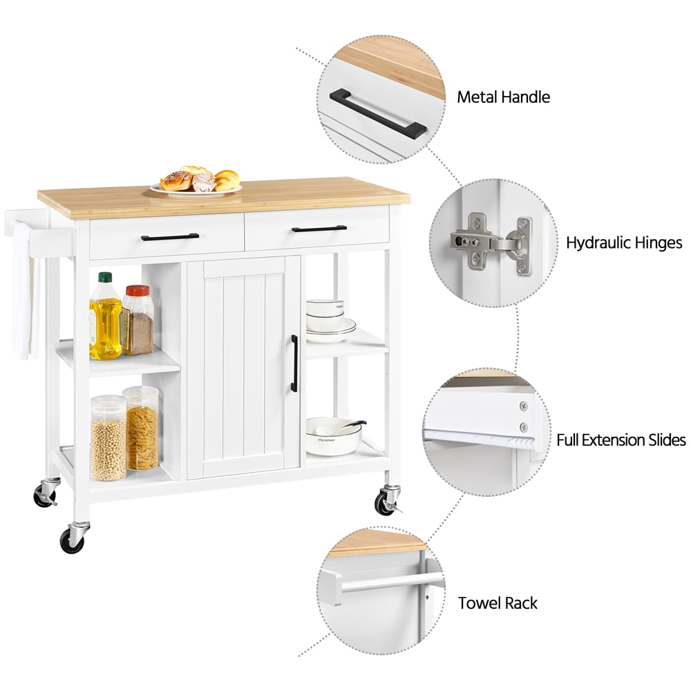 Topeakmart Mobile Kitchen Cart with Bamboo Top Kitchen Island on Wheels with Cabinet and Drawers and Towel Bar White