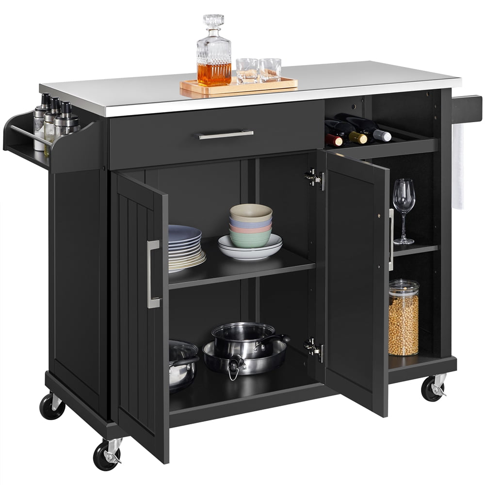 Topeakmart Kitchen Island Cart on Wheels with Stainless Steel Top， Black