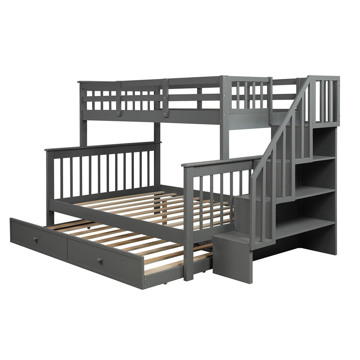 VIRUBI Twin over Full Bunk Bed with Twin Trundle, Storage Shelves, Full-Length Guardrail and Stairs, Multiple Colors