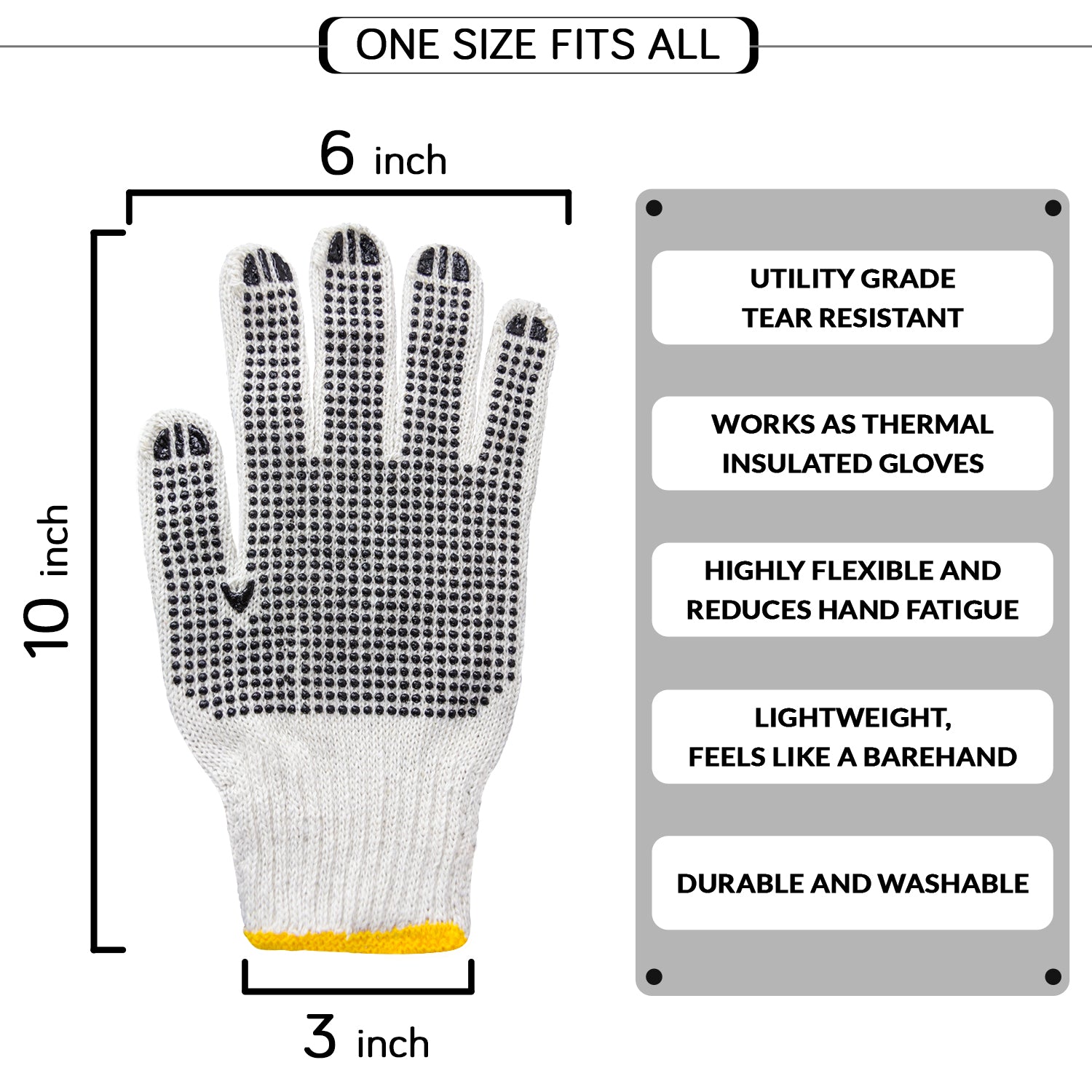 [12 Pairs] Black White Work Gloves - Dotted Safety Working Gloves, Firm Grip, Slip Resistant, Heavy Duty Cotton Knit for Men Women, Utility, Construction, Gardening, Fishing, Winter Indoor Outdoor Use