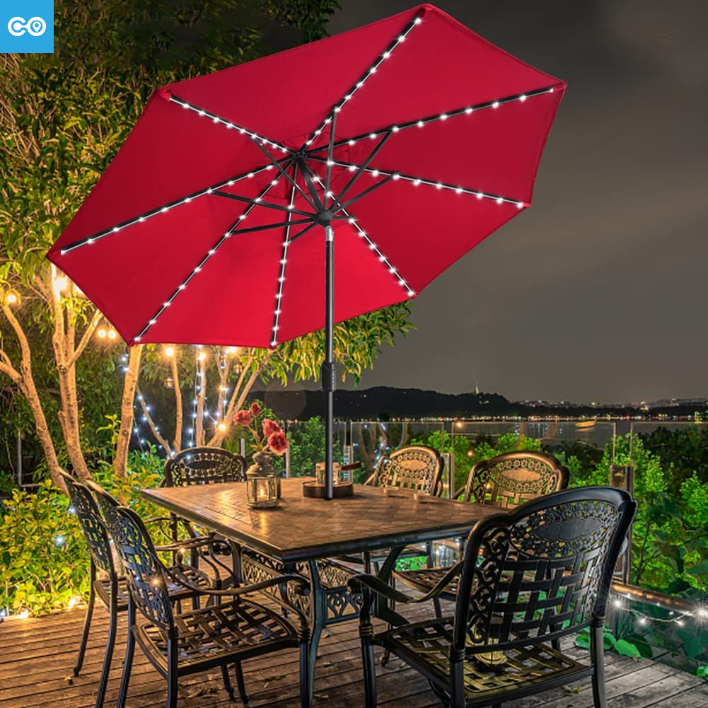 10-Year-Non-Fading Sunumbrella Solar 9ft Market  with 80 LED Lights Patio Umbrellas Outdoor Table  with Ventilation Logo Red