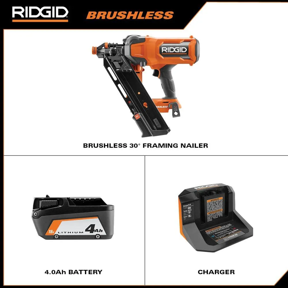 RIDGID 18V Brushless Cordless 30-Degree Framing Nailer Kit with 4.0 Ah Battery and Charger R09895KN