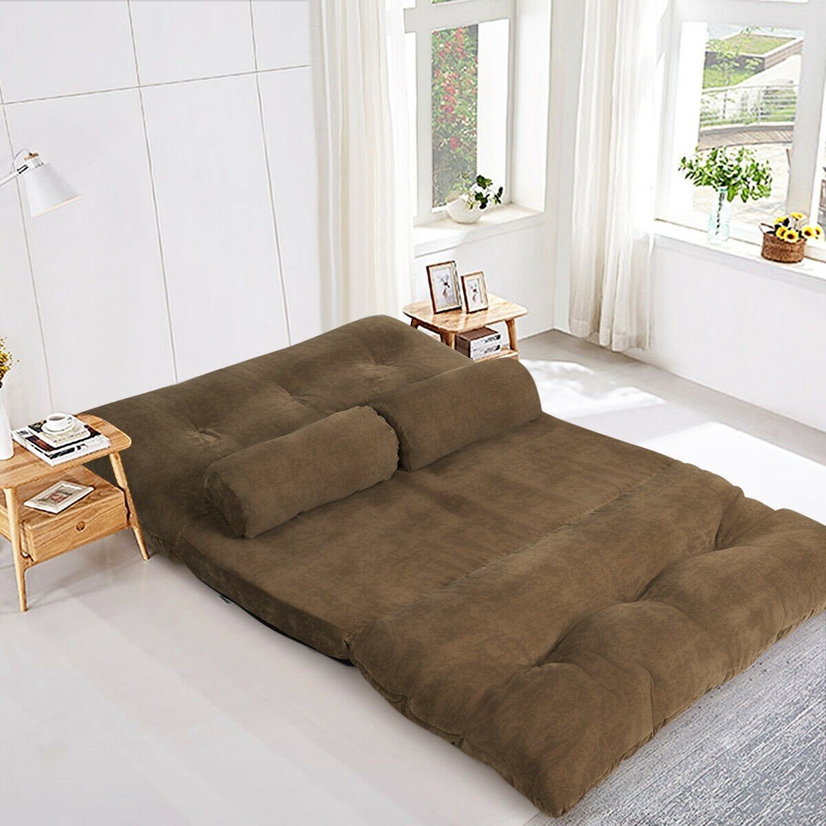 Adjustable Floor Sofa Couch with 2 Pillows, Multi-Functional 6-Position Foldable Lazy Sofa Sleeper Bed