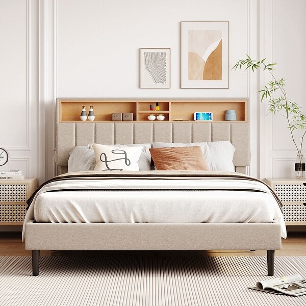 Queen Size Linen Fabric Upholstered Platform Bed with Storage Headboard and USB Port