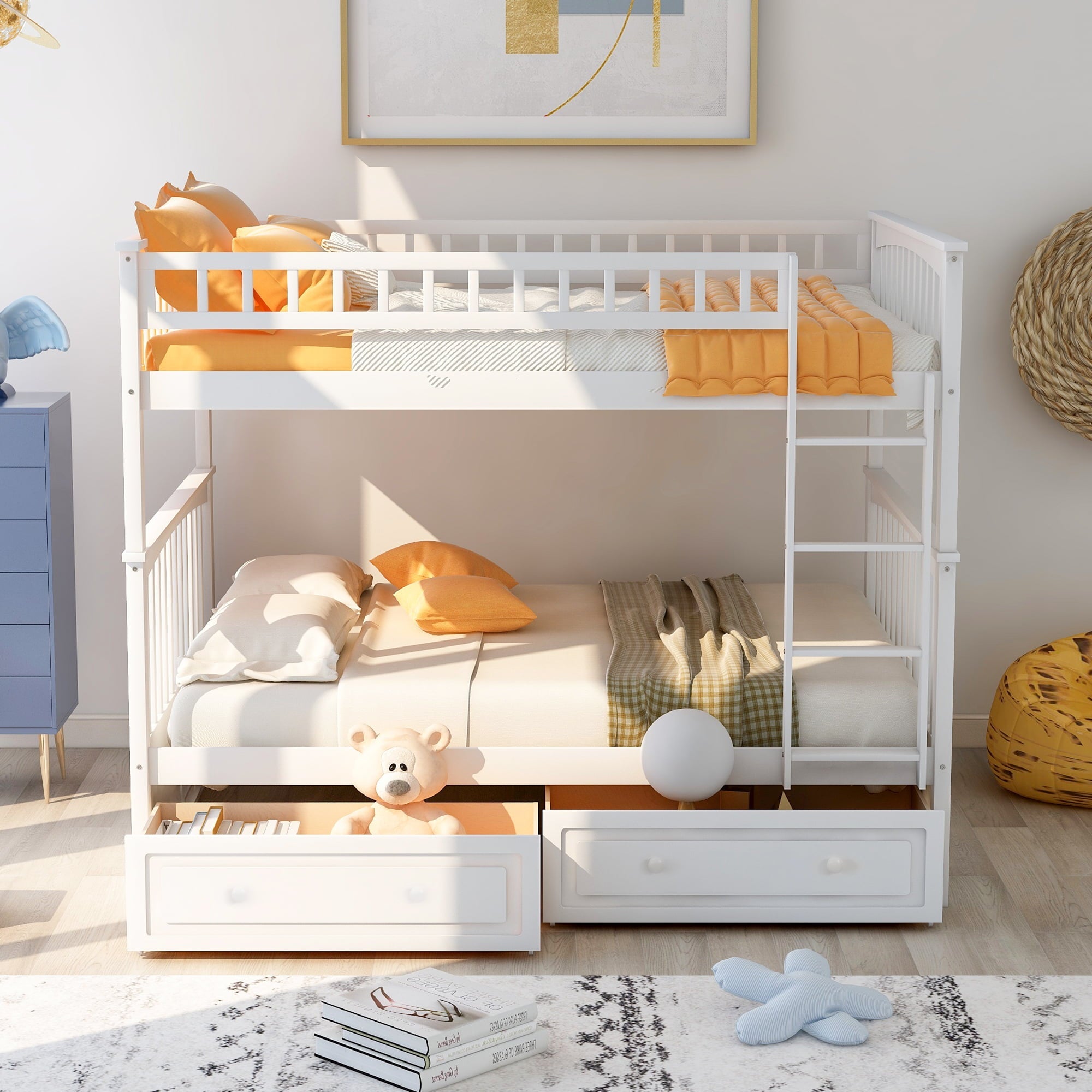 Full Over Full Solid Wood Full Size Bunk Bed with Two Storage Drawers, Convertible Bunk Bed Can be Converted Into Two Full Size Daybeds,White