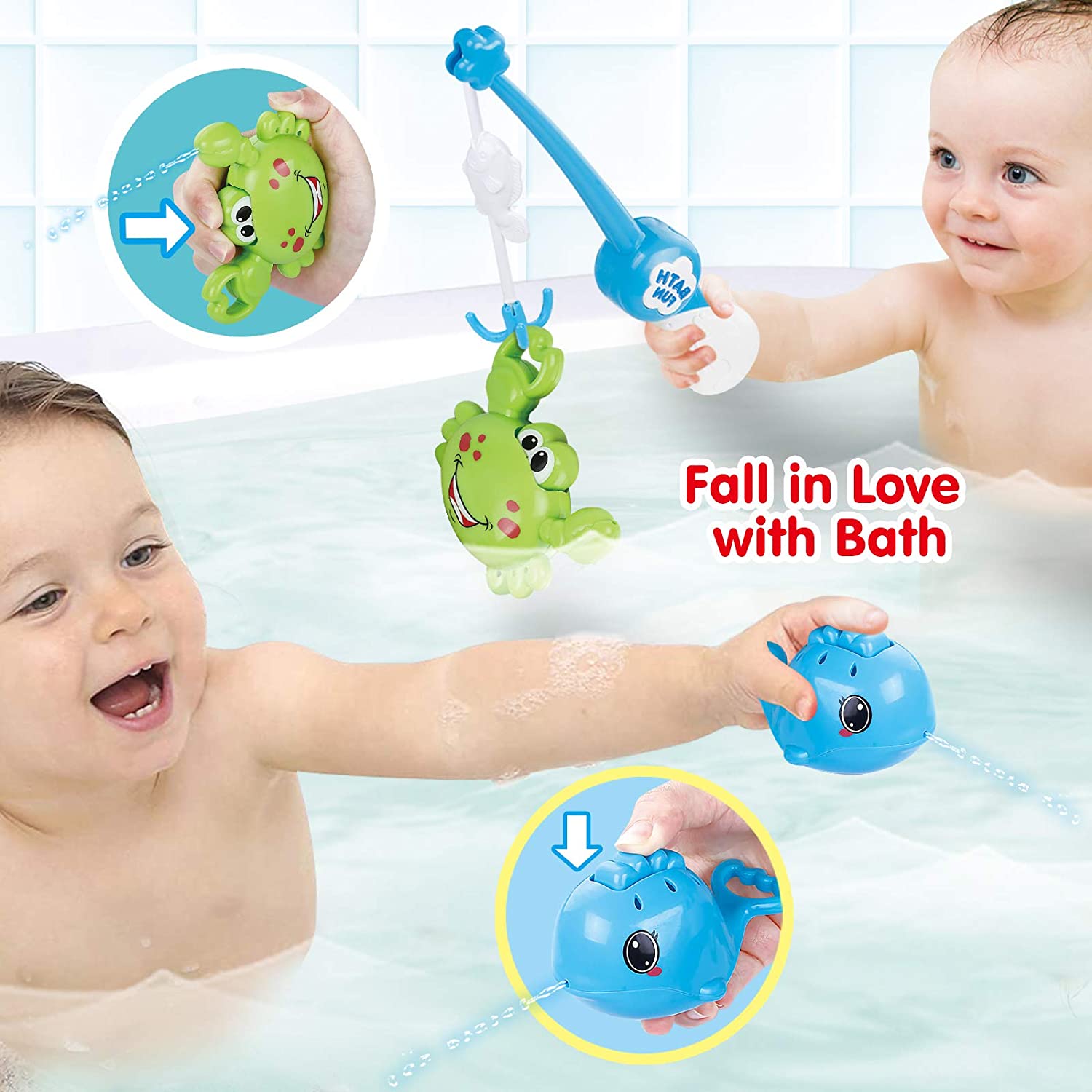 Baby Bath Fishing Toys， Bathtub Pool Toys Set with Fishing Pole and Net， Bath Toys for 1 Year Old Toddler Boys Girls