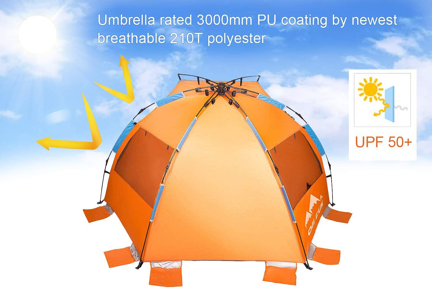 Oileus Beach Tent X-Large 4 Person Tent Sun Shelter， Pop Up Tents for Beach with Carry Bag， Portable Sun Shade， Stakes， 6 Sand Pockets， Anti UV for Fishing Hiking Camping， Waterproof Windproof， Orange