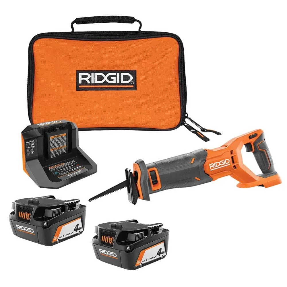 RIDGID 18V Cordless Reciprocating Saw with (2) 4.0 Ah Batteries, 18V Charger, and Bag R8646B-AC93044SBN
